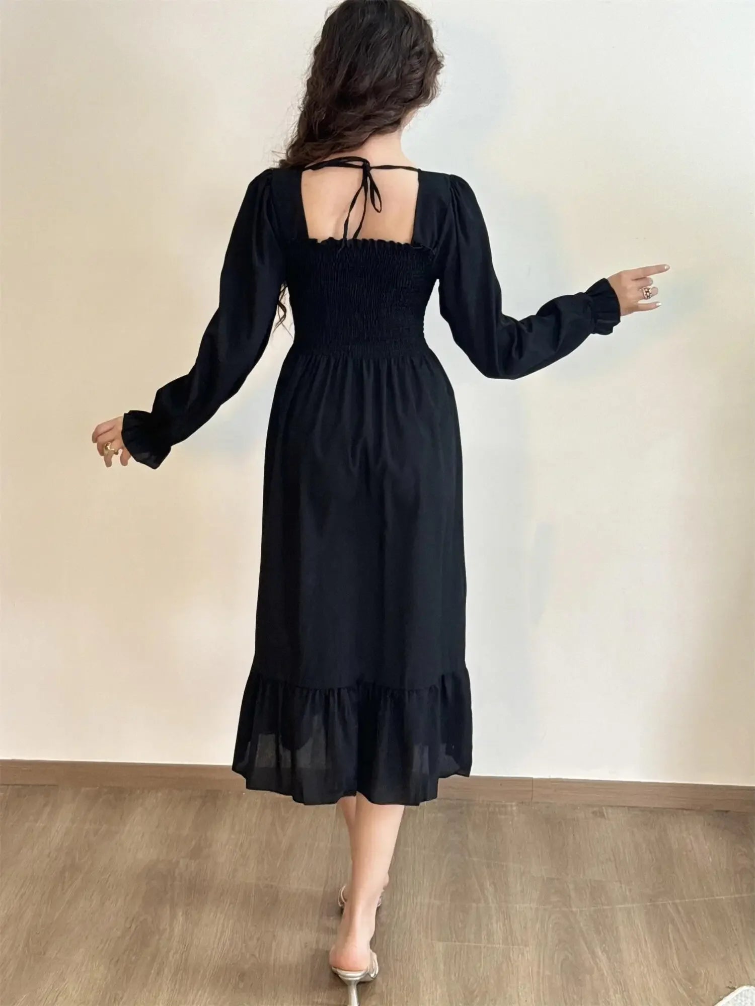Long Sleeve Casual Dress Women Chiffon Dresses Autumn Spring A-line Printed Floral Elastic Chest Lace Up Midi Dresses Vestidos - Smarsty