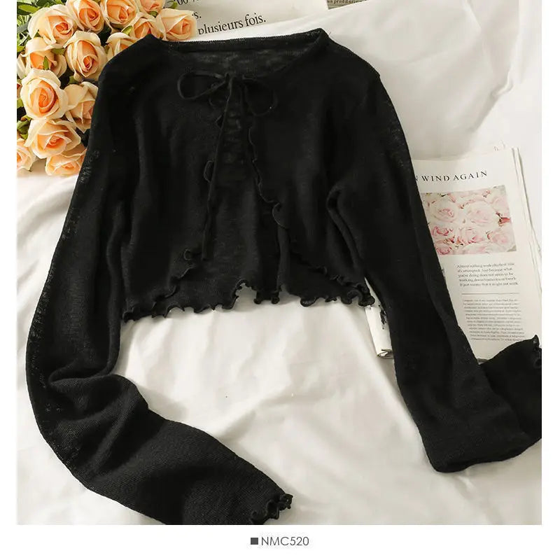 Women Frenum Cardigan Blouses and Tops Bow Lace Up Long Sleeve Crop Top Female Elegant Shirt Thin Aesthetic Clothes Korean Style - Smarsty
