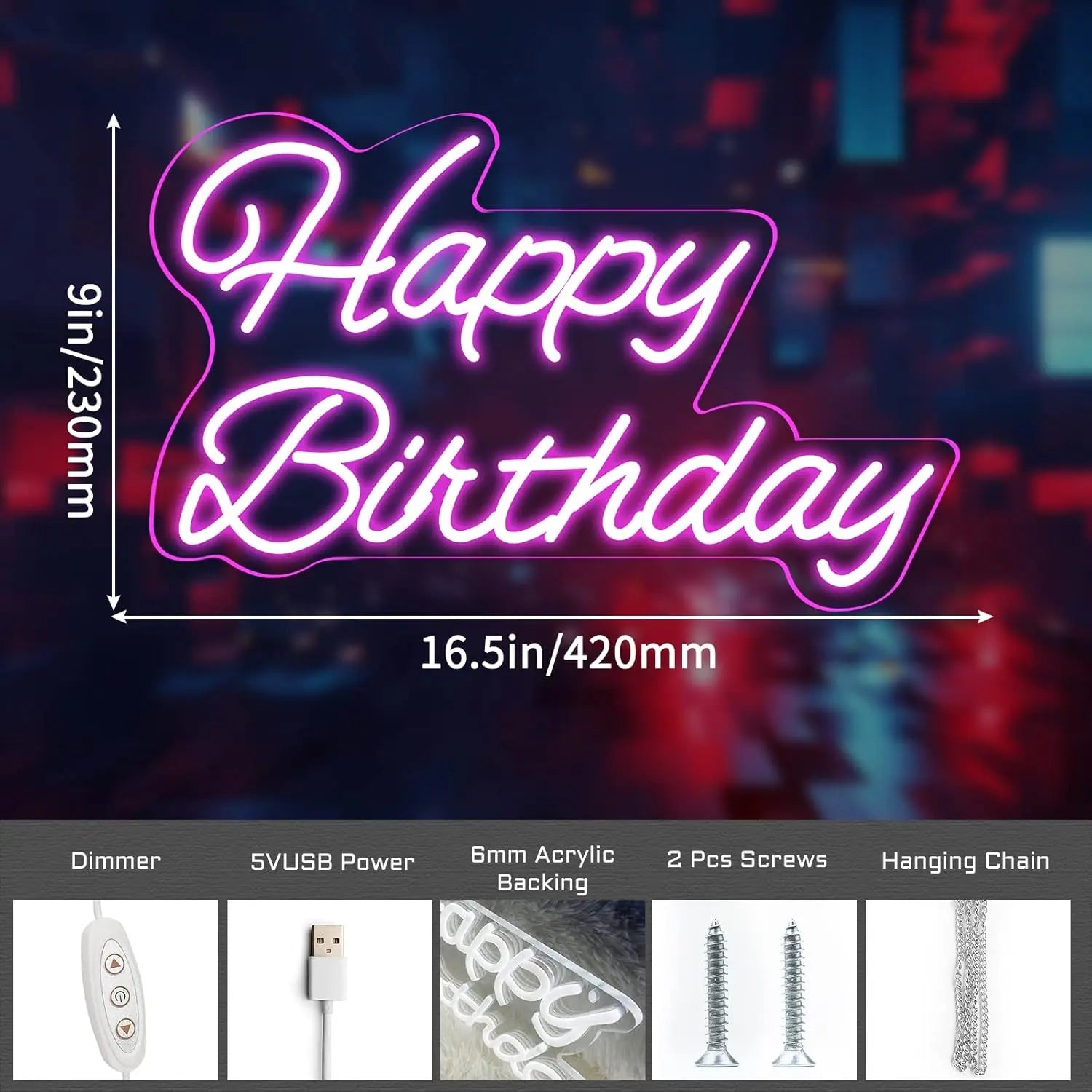 “Happy Birthday” LED neon sign For birthday party backdrop decorations, wall decorations and birthday gifts Dimmable 16”