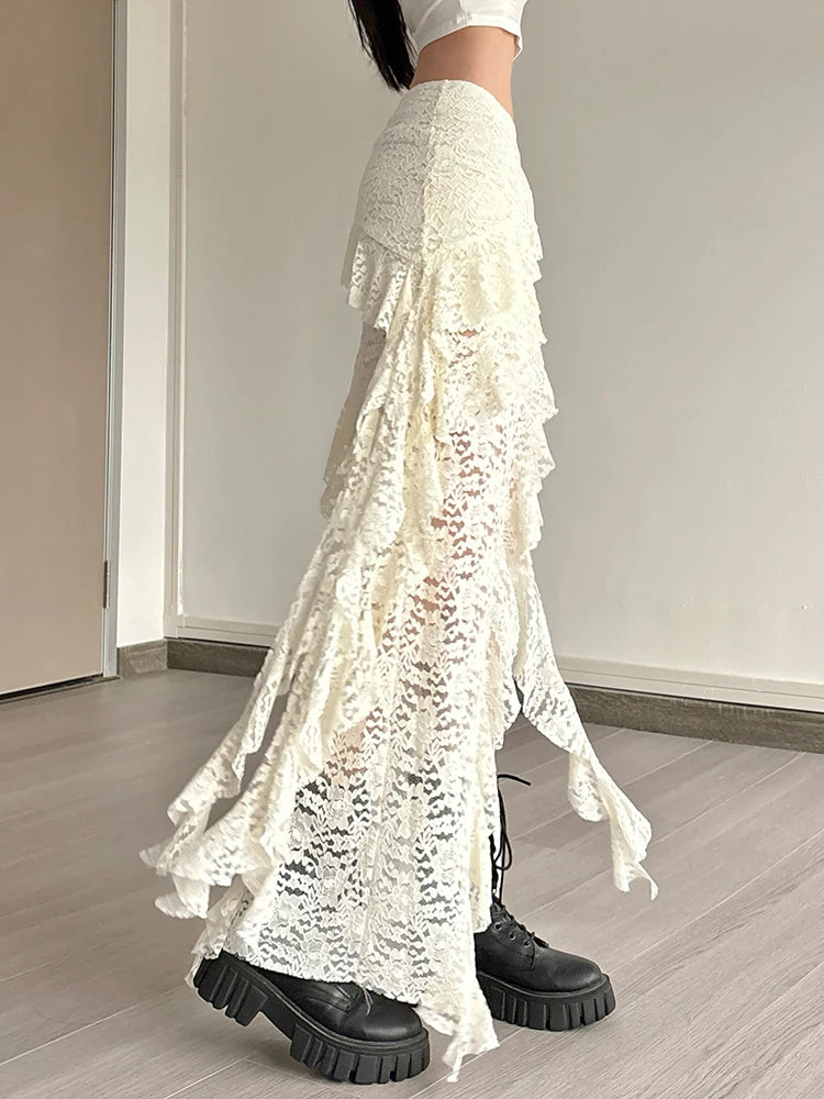 Nibber Tassels Women Skirts Irregular Hem Multi-Layered Ruffles Lace Patchwork Sweet Summer Trend Daily Skinny Versatile Bottoms - Smarsty