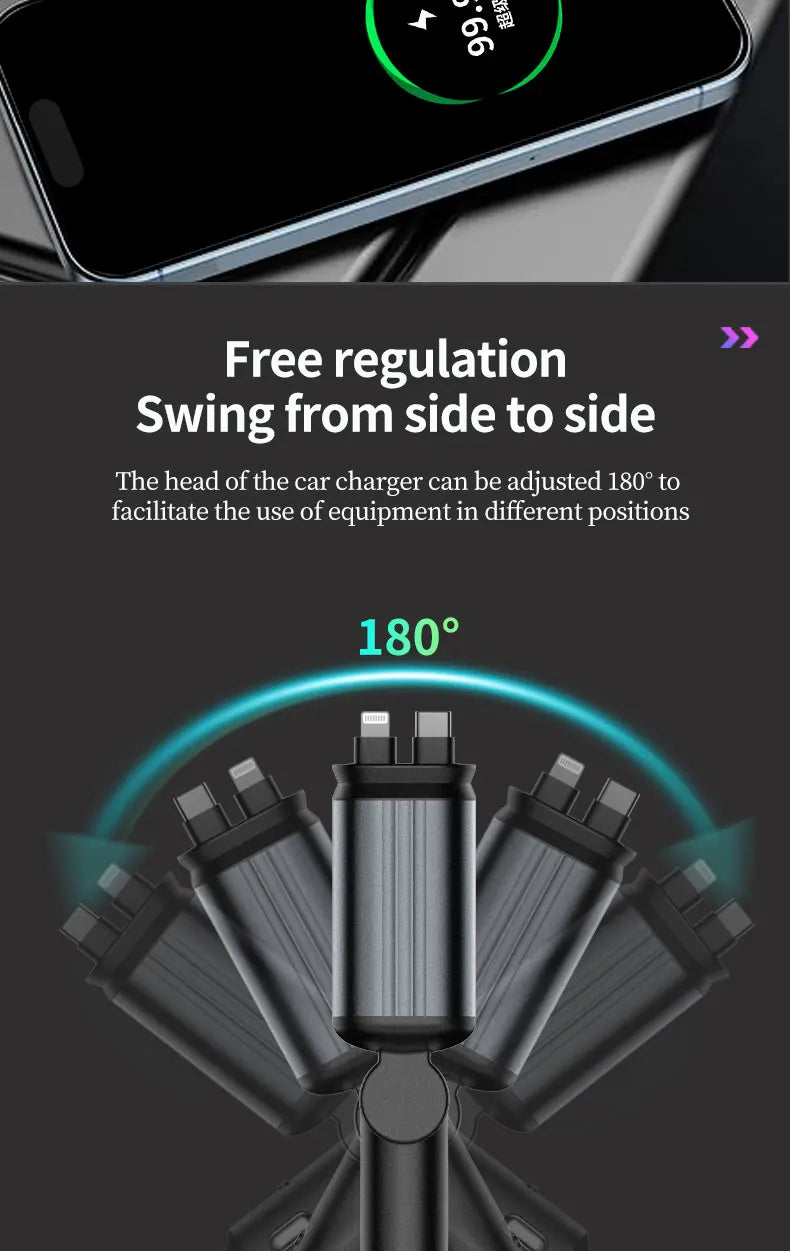 5-in-1 180W Car Fast Charger USB Type-C Power Adapter Retractable Phone Charger With Roof Starlight For IOS Android Phones - Smarsty