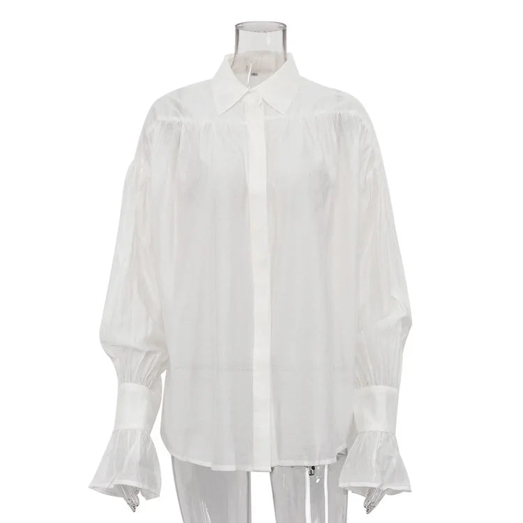 Tossy Casual Loose See-Through Shirts Women's Autumn Lapel Long Sleeve Patchwork Blouse Top Streetwear Female Solid Shirts Top - Smarsty