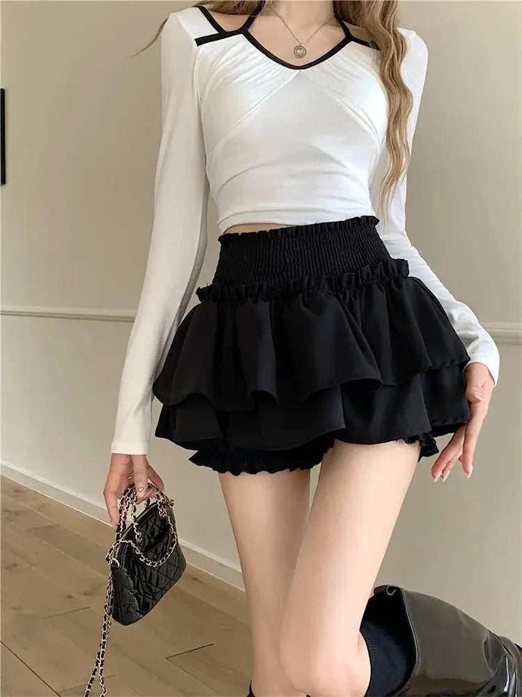 Mini Skirt Cute Sexy Balletcore Elastic High Waist Ball Gown Ruffle Patchwork Lolita Skirt Short Korean Sweet Y2K Women Clothing - Smarsty