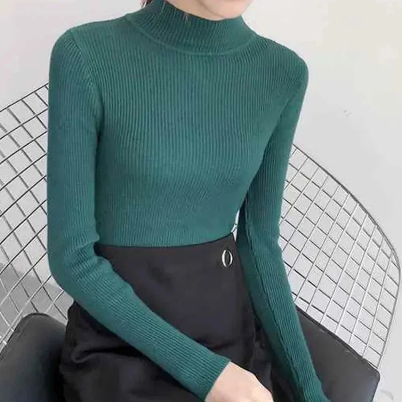 Autumn Winter Mock Neck Women Sweater Vintage Basic Solid Knitted Tops Casual Slim Pullover Korean Sweaters Simple Chic Jumpers - Smarsty