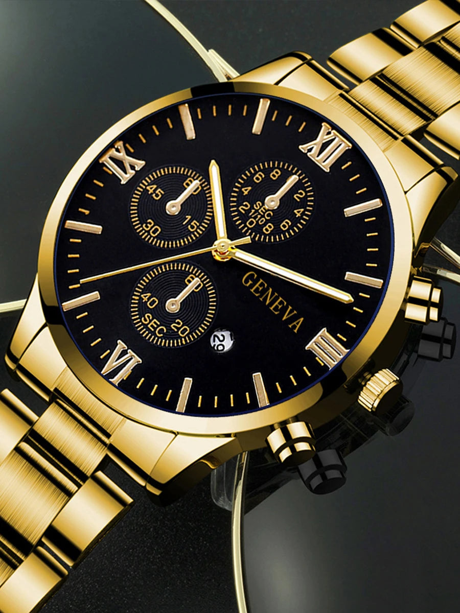 Gold Alloy Men's Quartz Watch and Cross Jewelry Set - Smarsty