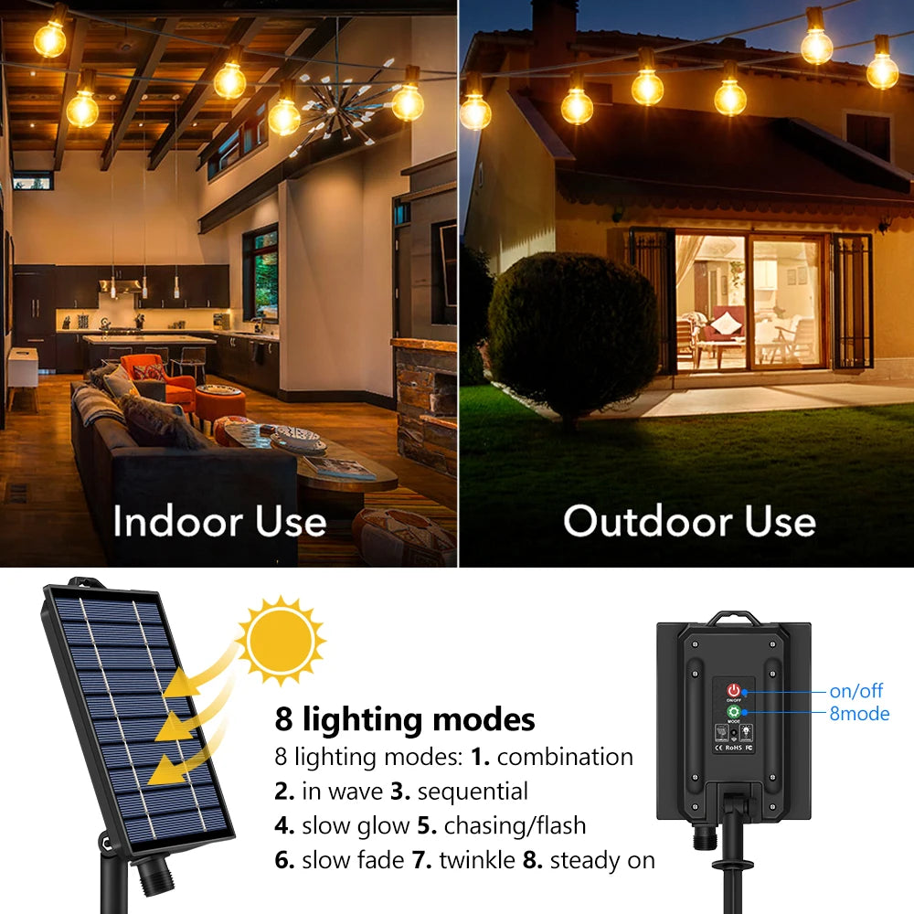 Mexllex 15.5M G40 Solar String Lights Outdoor with 8 Light Modes - Smarsty