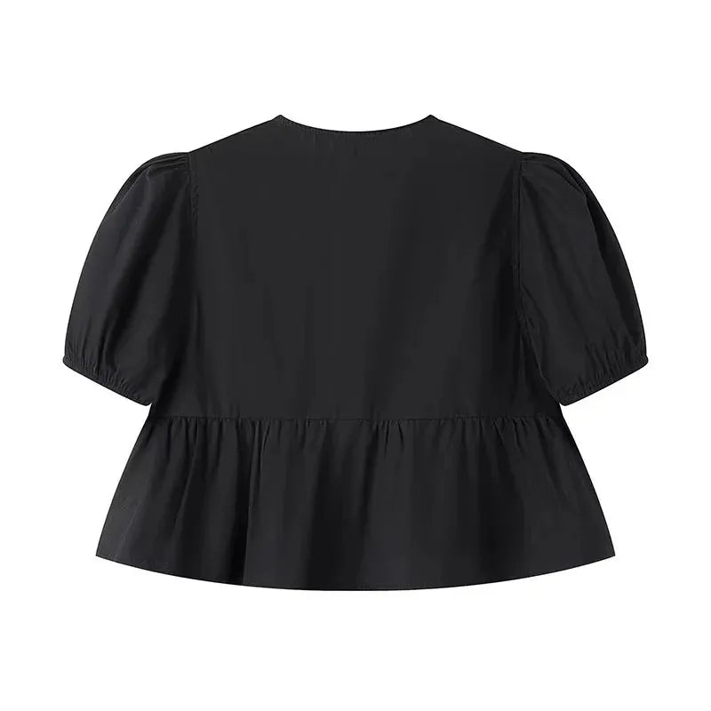MUJER Ruffle Blouses Woman Puff Sleeve Shirts and Blouses for Women White Black Ruched Crop Top Female Ruched Women's Blouse - Smarsty