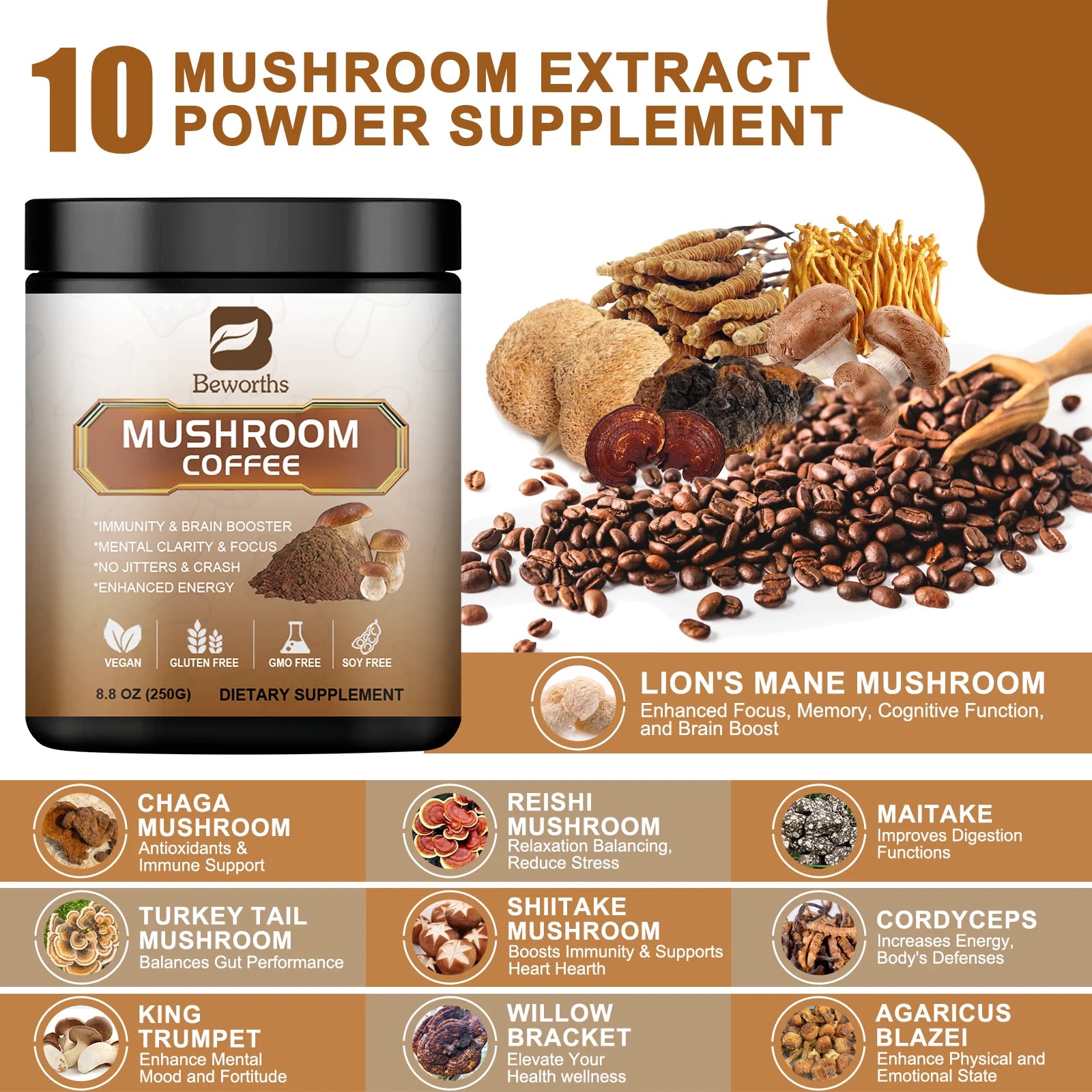 Mushroom Coffee 10 Mushroom Extract - Lion's Mane, Cordyceps, Reishi, Turkey Tail, Chaga, Maitake for energy and immune support - Smarsty