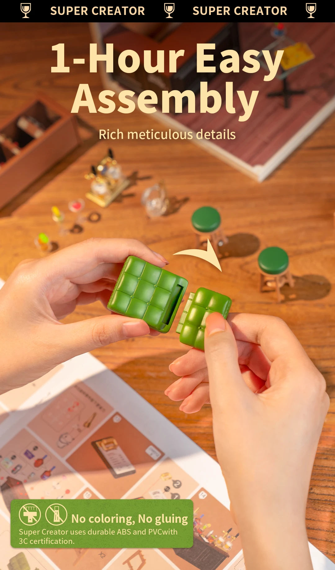 Robotime Rolife Super Creator Series Plastic Dollhouse Building Blocks for Kids Yum Burgers Leisurely Cheers Bar Sweet Sips Tea