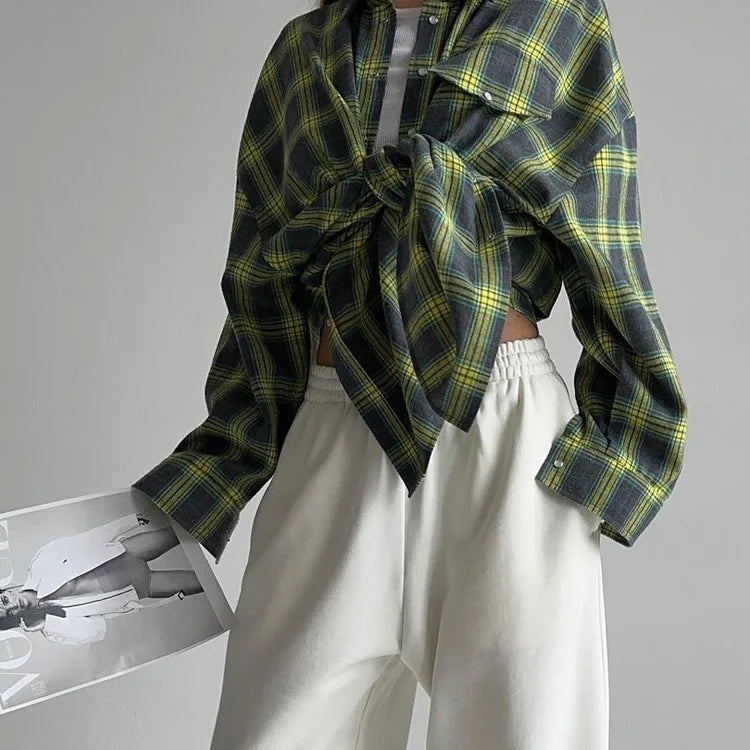Oversized Plaid Shirt Autumn Winter Women Vintage Long Sleeve Fashion Loose Lapel Pocket Shirt Fit Blouse Korean Style - Smarsty