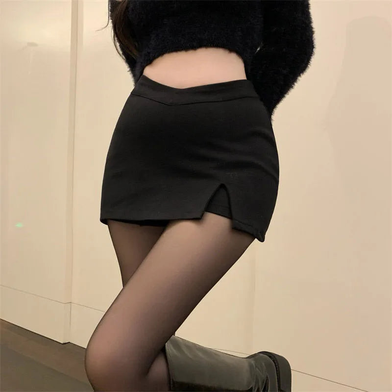 Black Split Mini Skirts Women Summer Sexy Club High Waist Slit Skirt Streetwear Korean Party Fashion Irregular Slim A Line Skirt - Smarsty