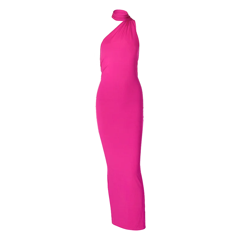 Hugcitar One Shoulder Backless Adjustable Scarf Loop Ruched Sexy Maxi Dress Women Elegant Y2K Streetwear Festival Outfit - Smarsty