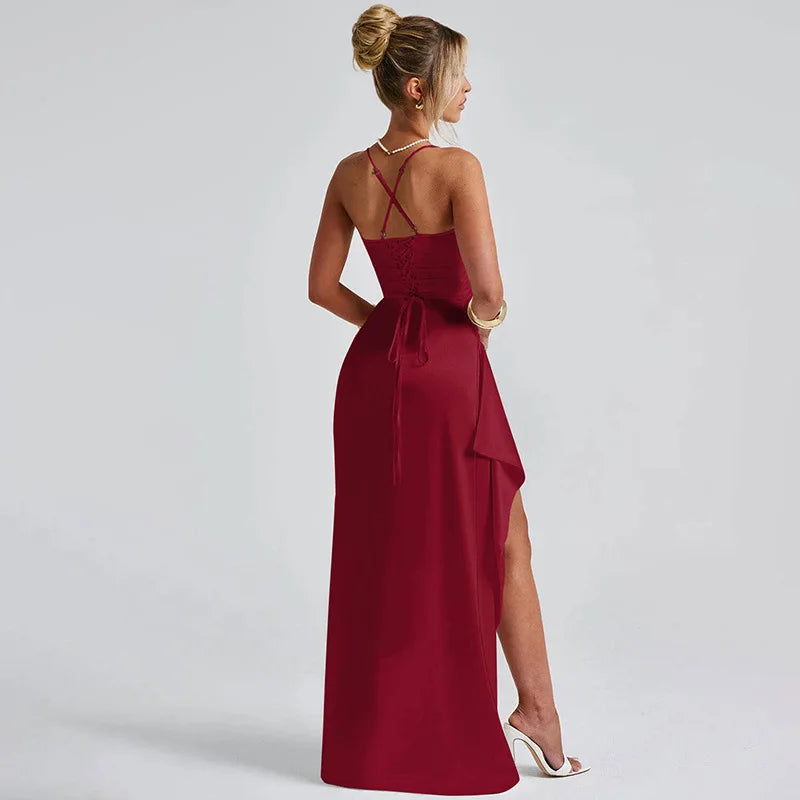Ladies Summer Satin Fashion Evening Party Dress Women Sleeveless Backless Side Slit Long Dress Birthday Clubwear Woman Clothes