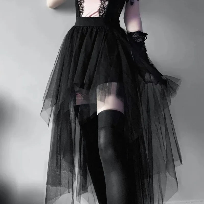Sexy Net Yarn High-Waisted Irregular Skirt for Women Summer New European and American Gothic Style Versatile Casual Skirts - Smarsty