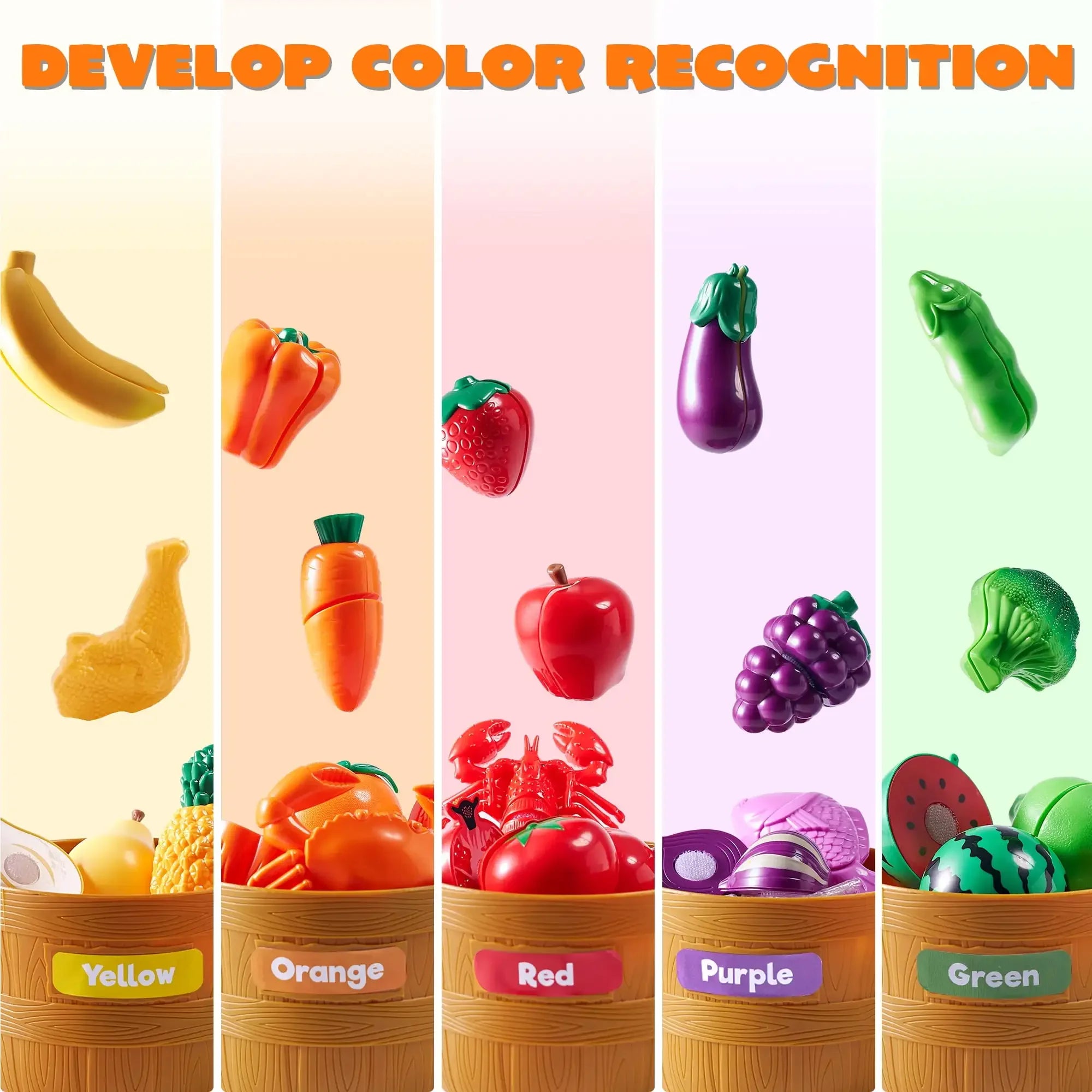Joyfy 60 pcs Play Food Set for Kids Kitchen, Color Sorting Toy Food for Boys Girls Pretend Play Fake Food Toy for Toddlers