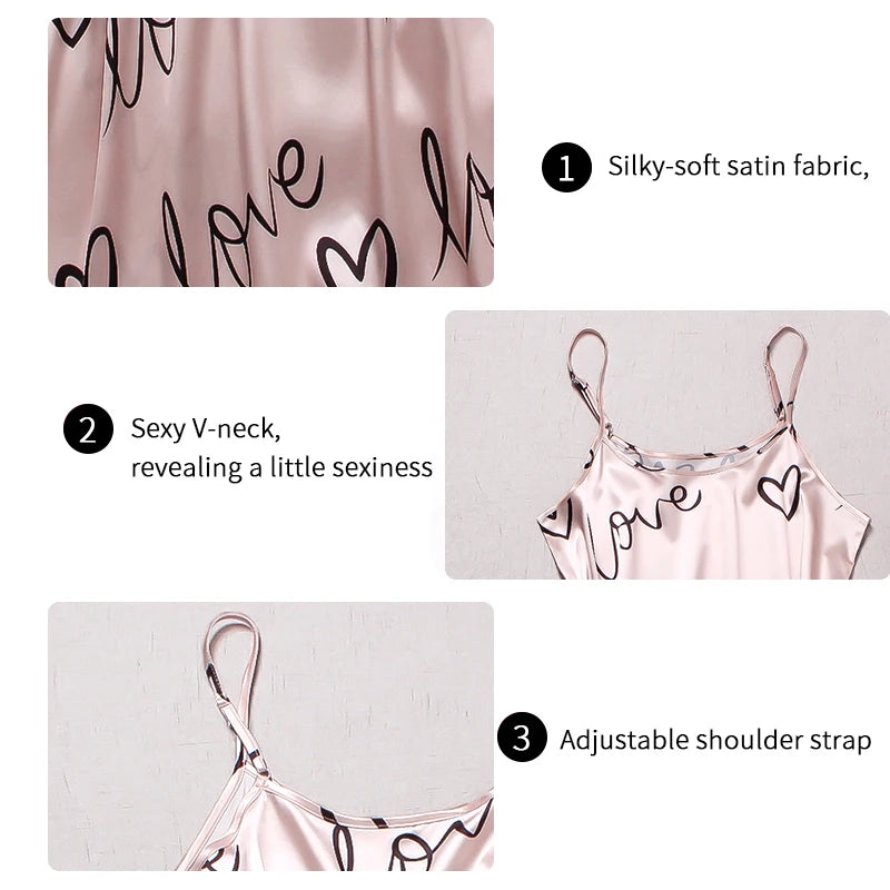 Women Satin Silk Pajamas Sets Letter Print Cami Vest Shirt With Trouser Sleepwear Ladie Sexy Pajama Lingerie Pyjamas Nightwear - Smarsty