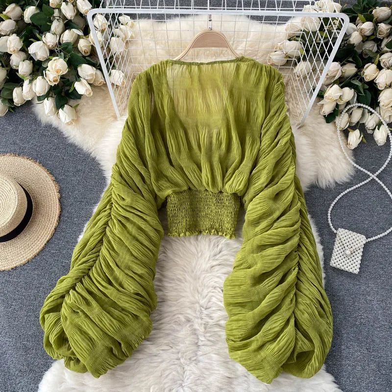 Women Sexy Chiffon Short Blouse Female See Through Super Long Sleeve Blusas Purple/Green/Black/White Folds Party Tops 2022 New - Smarsty