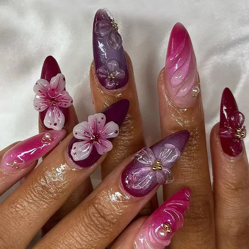 24Pcs Pink Almond False Nails with French Design - Smarsty