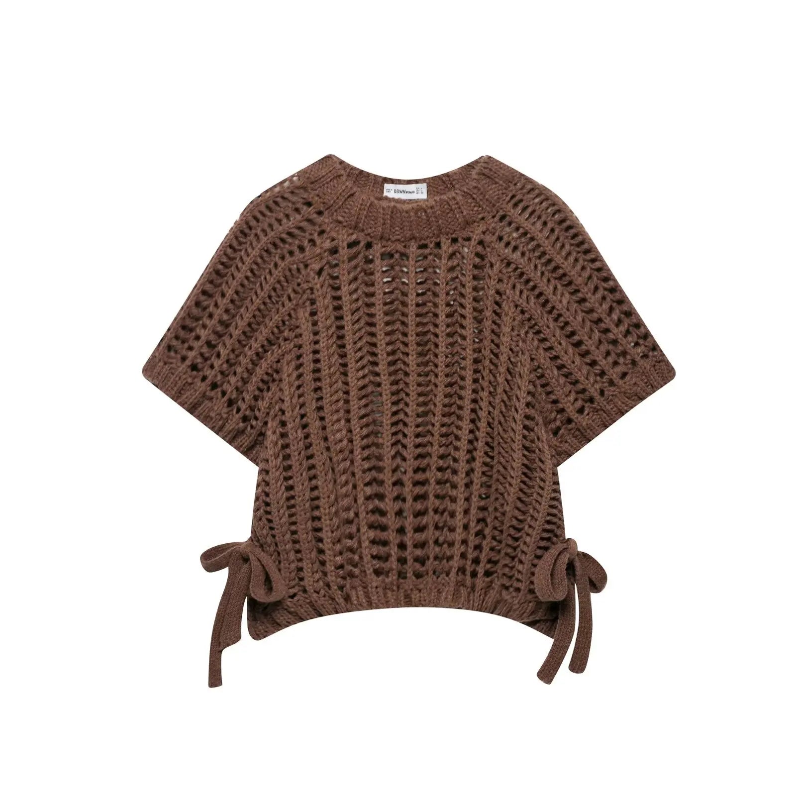 Hollow Out Knit Pullover Women Casual Round Neck Lace Up Bow Sweater Female Autumn Short Sleeves Solid Knitwears Lady - Smarsty
