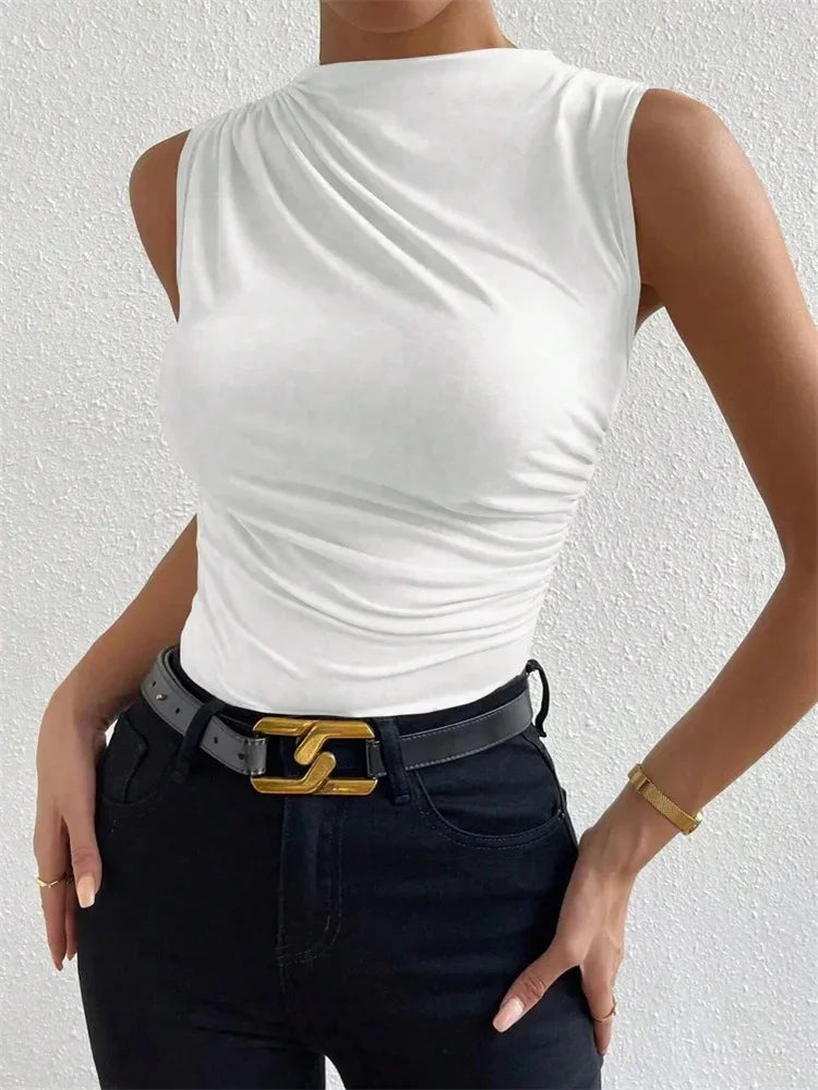 Fashion Casual Mock Neck Ruched Tank Top for Women Summer 2024 Solid Color Pleated Sleeveless Tee Shirt Tshirt Streetwear Y2K - Smarsty