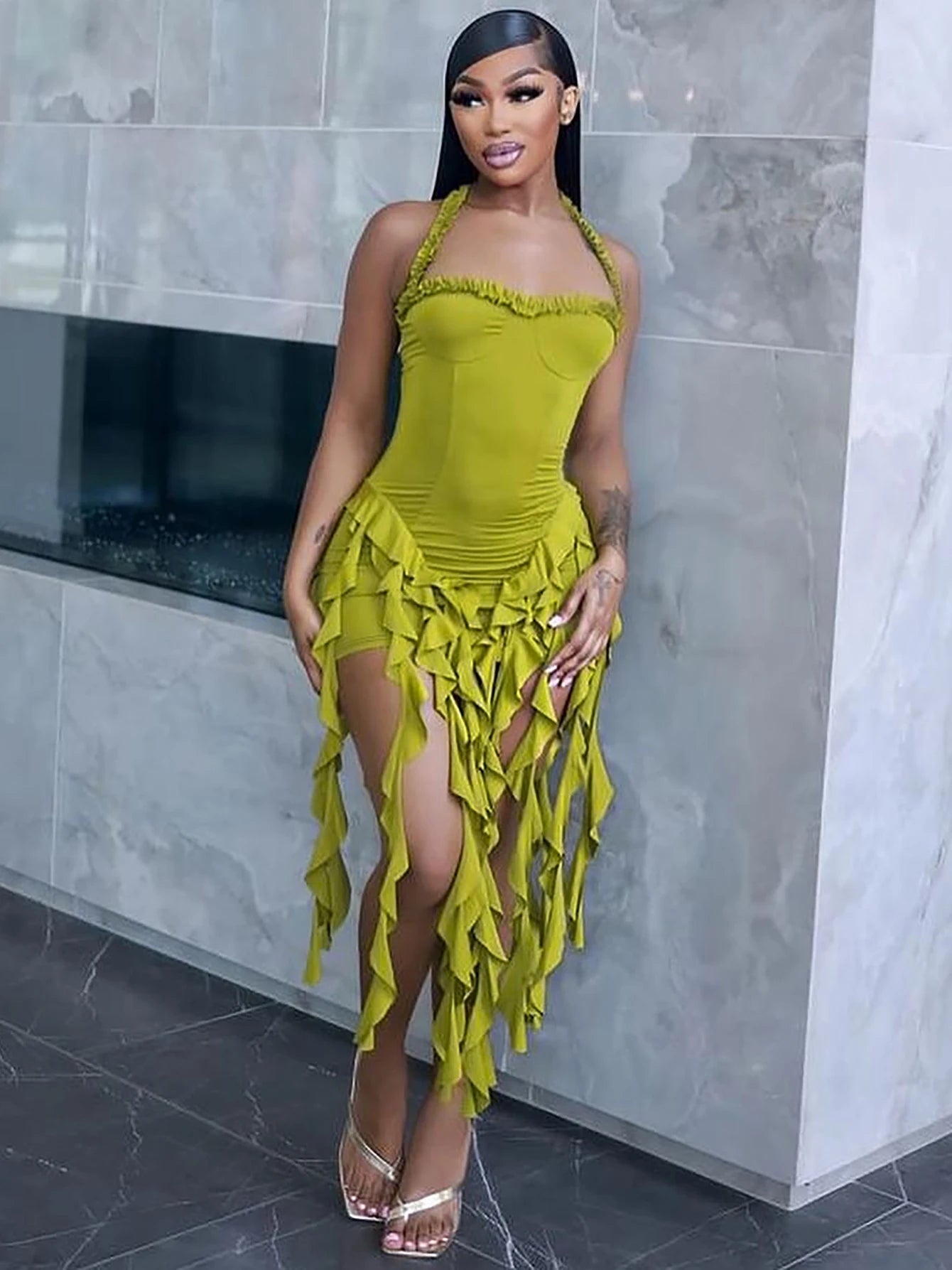 Dulzura Sleeveless Halter Ruffles Patchwork Mini Dress Women’S Solid Sexy Outfit Prom Party Clubwear Autumn Winter Clothes - Smarsty
