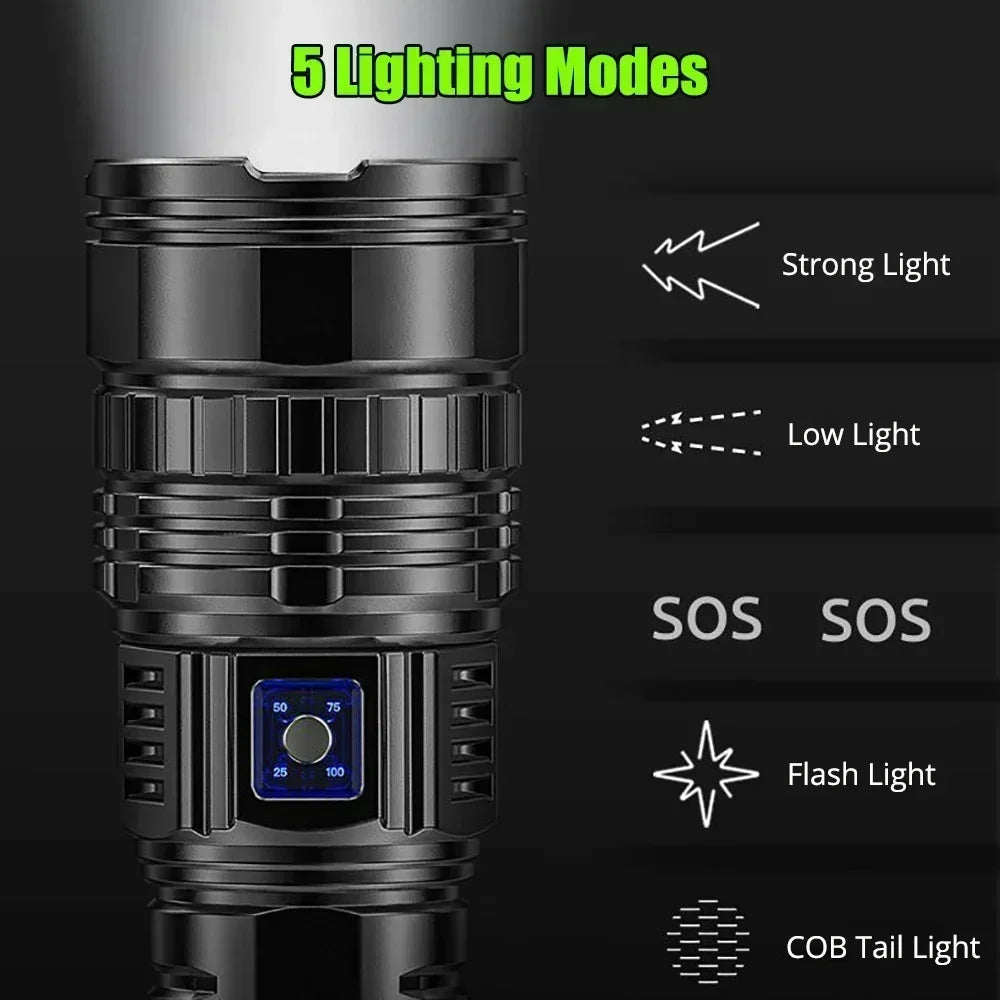 Ultra Bright LED Flashlight Powerful Tactical Torch 15000mah Built-in Battery Emergency Camping Spotlights With Tail Light by Smarsty