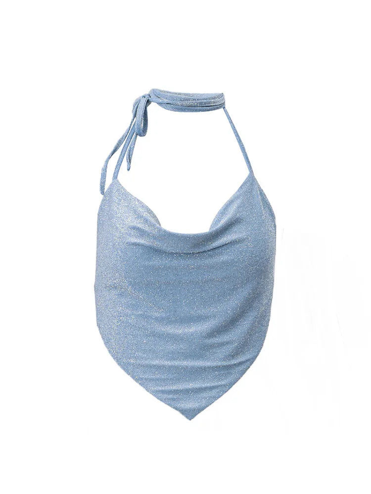 Halter Top Glitter Tanks 2025 Summer Outfits Blue Bright Silk Camis Ruched Top Crop Backless Vests Sexy Tops Cropped Clothes - Smarsty