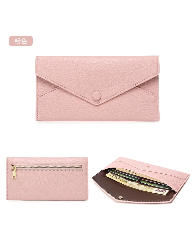 RFID Anti-Theft Purse for Women, Lychee Print, Soft Leather, Envelope Long Wallet, Ultra-thin, Portable, Simple Hand Bag