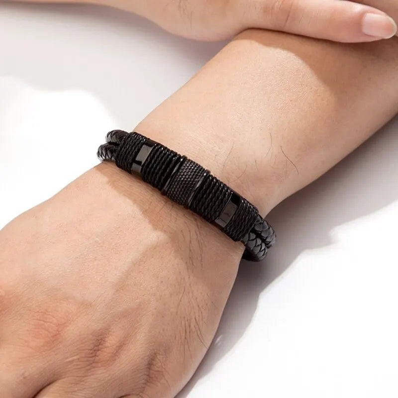 Vintage Woven Leather Wrap Bracelets for Men Stainless Steel - Smarsty