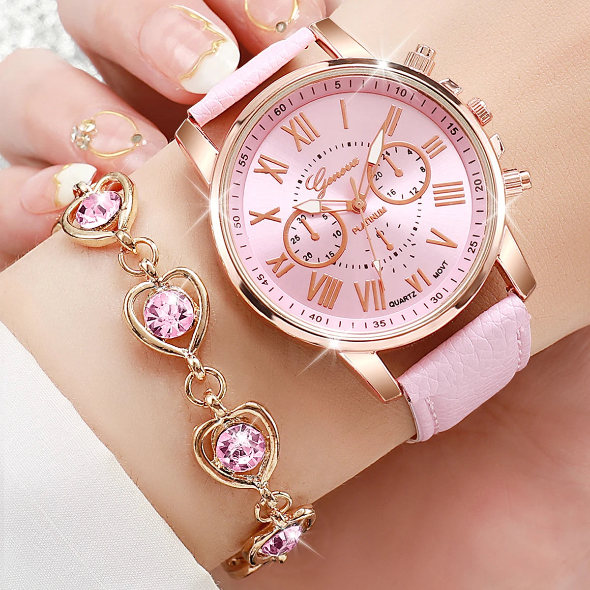5/6PCS Fashion Women's Quartz Watch Leather Band Analog Wrist Watches Heart Rhinestone Jewelry Set(Without Box) - Smarsty