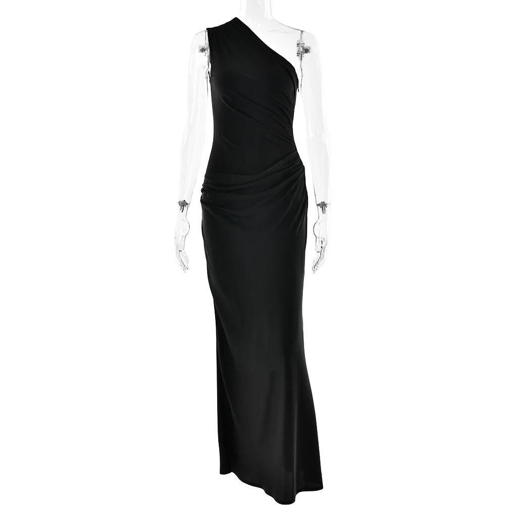 JULISSA MO Patchwork Satin Sexy One Shoulder Women Maxi Dress Brown Sleeveless Evening Dress Summer Slim Elegant Party Clubwear - Smarsty