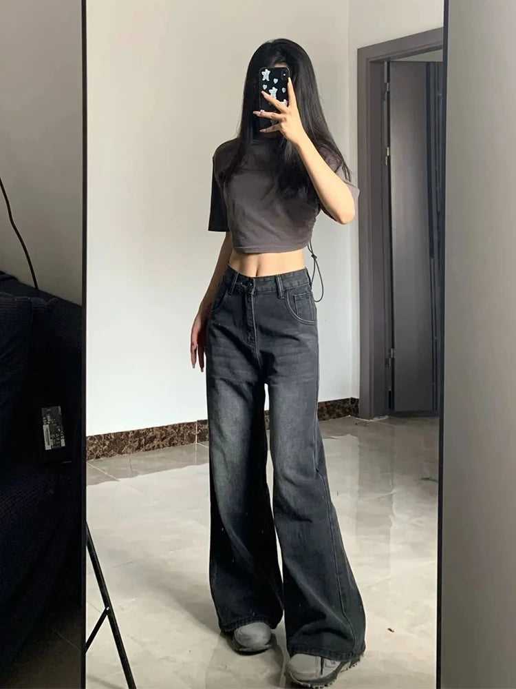 Korean Vintage High Waist Women's Jeans Y2K Slimming Pear-Shaped Loose Straight Bell Bottoms Black Gray Baggy Denim Trousers - Smarsty