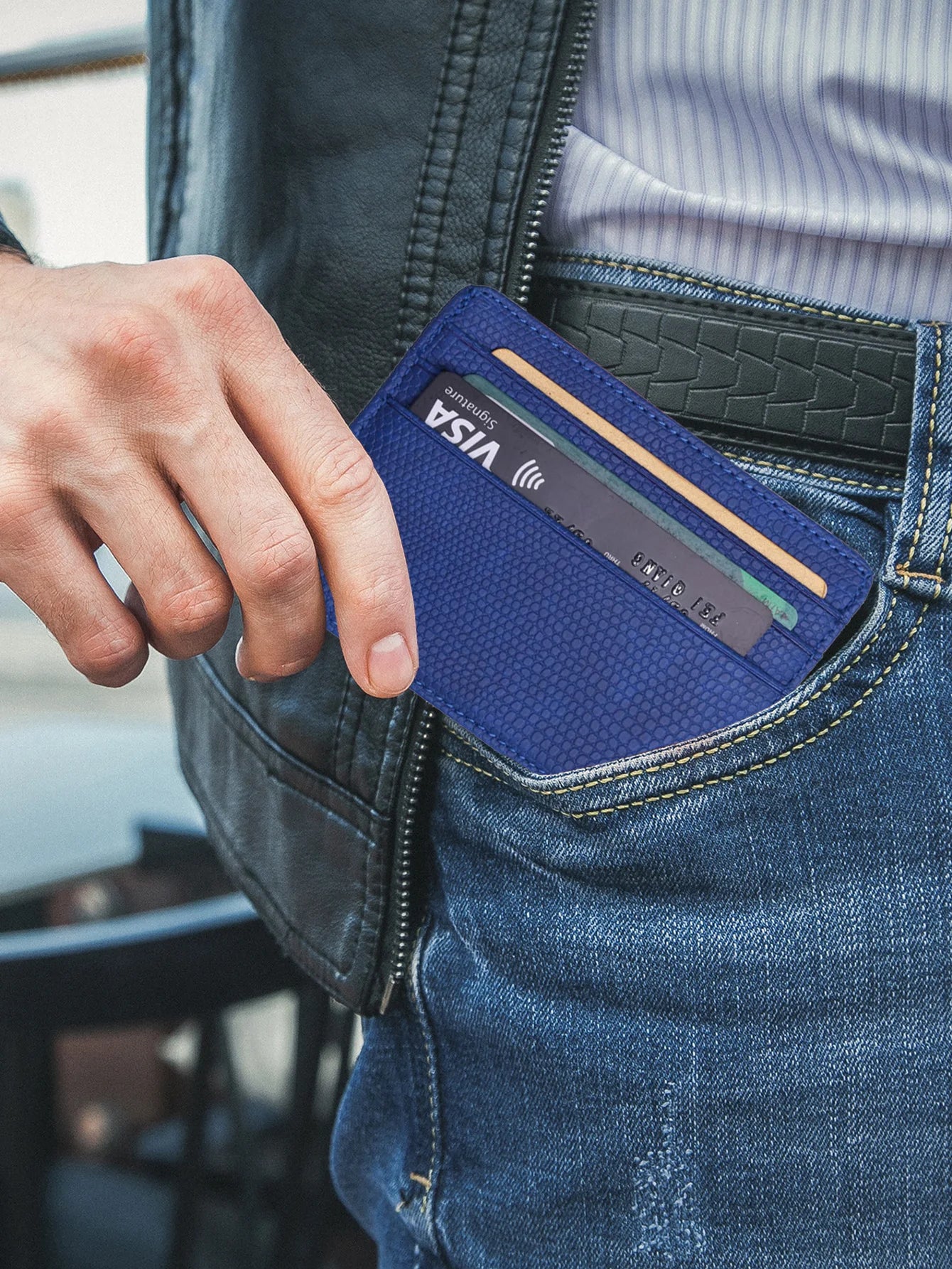 Minimalist Slim Credit Card Holder with Transparent ID Window, Small Leather Card Wallet for Women Men
