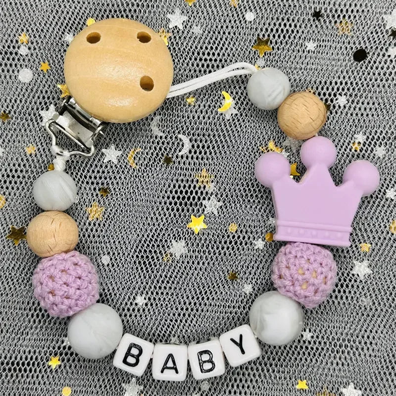 NEW Custom Personalized Name Pacifier Clip Handmade Beech Wooden Chain Silicone Crown Holder Soother Baby Teething Toy Chew Gift by Smarsty