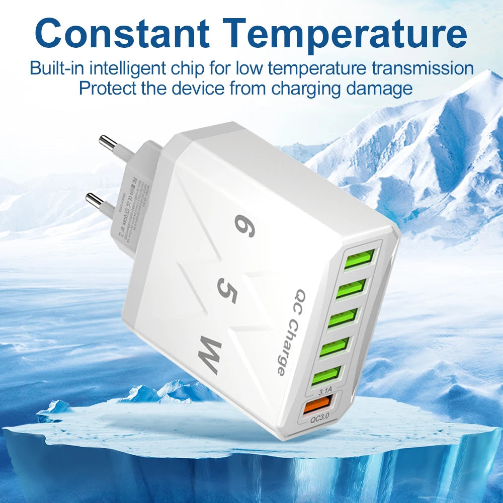 65W 6 Port USB Charger Fast USB QC3.0 Travel Adapter - Smarsty