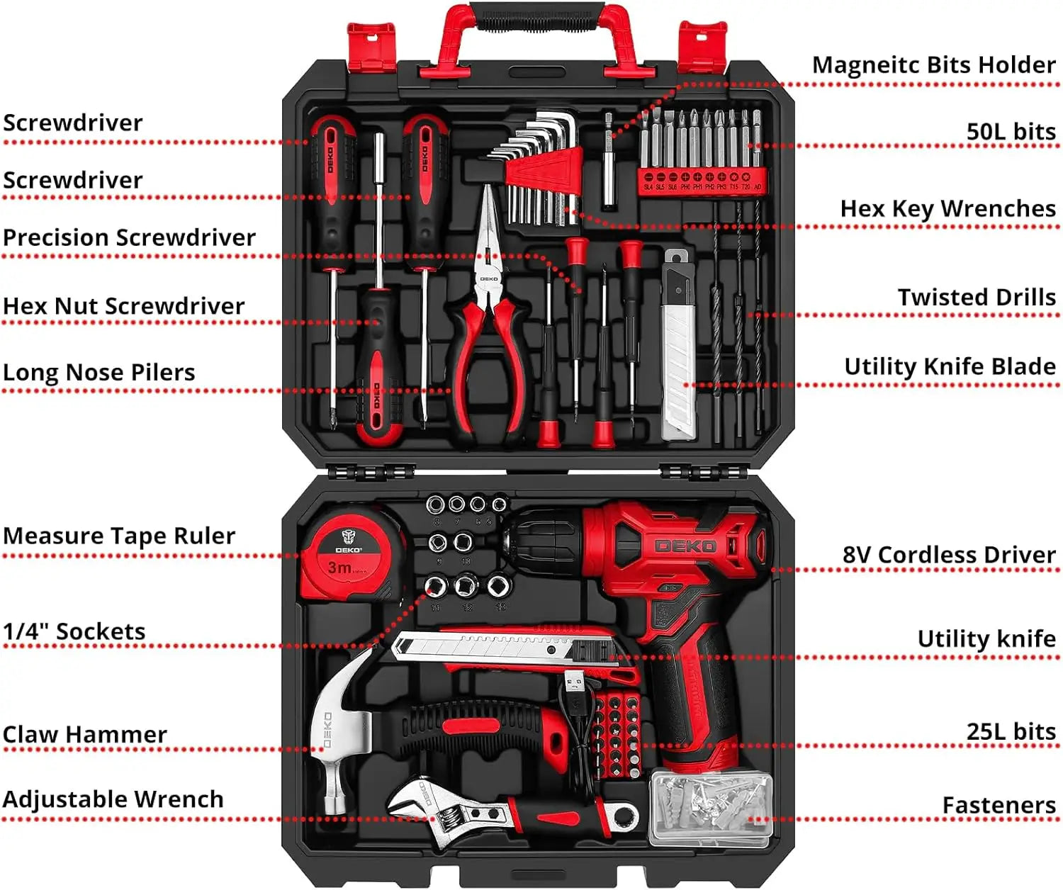 DEKO Drill Set Tool Set with 8V Red Cordless Drill, Home Tool Kit with Drill, Hand Tool Kits for Women 126 Piece