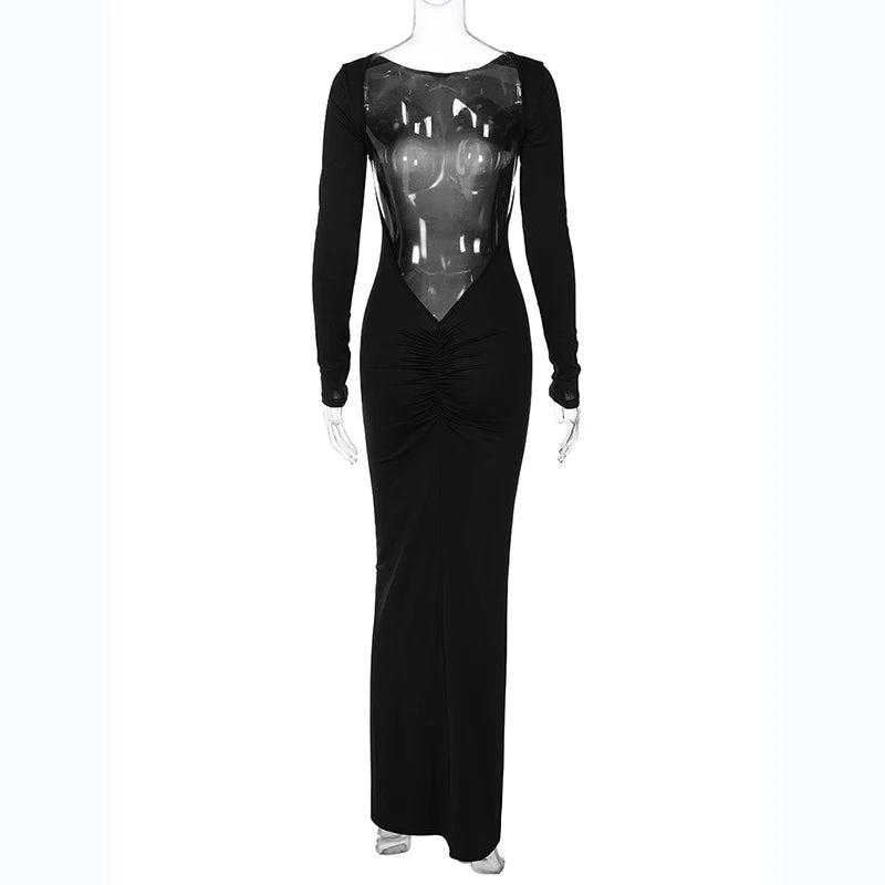 Hugcitar Spring Elegant Long Sleeve Backless Solid Cuched Sexy Bodycon Maxi Prom Dress Women Outfit Evening Party Festival Y2K - Smarsty