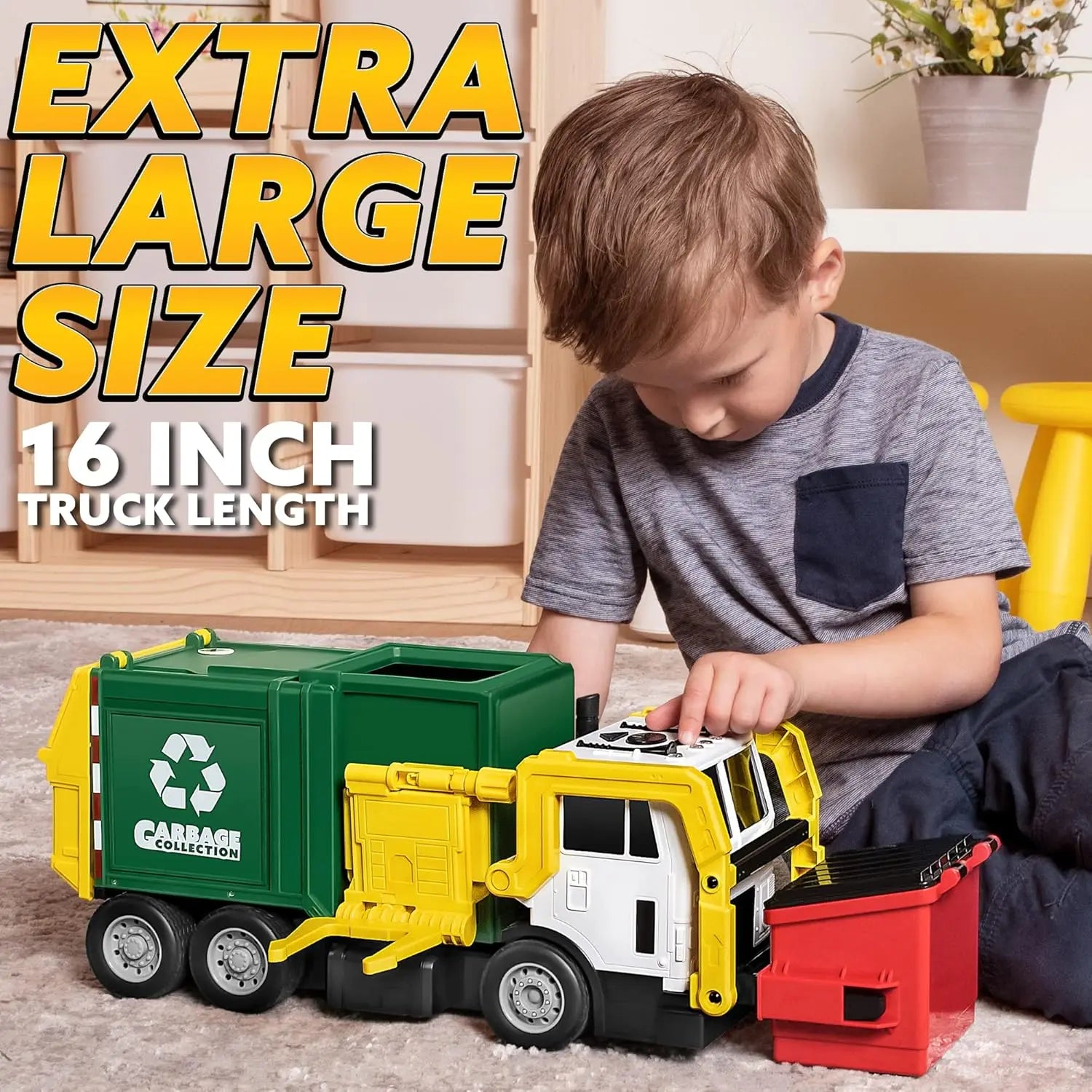 JOYFY Large Friction Powered Garbage Truck Toy Set With Includes Dumpster Trash Bins for Boys Toys Birthday Christmas Gift