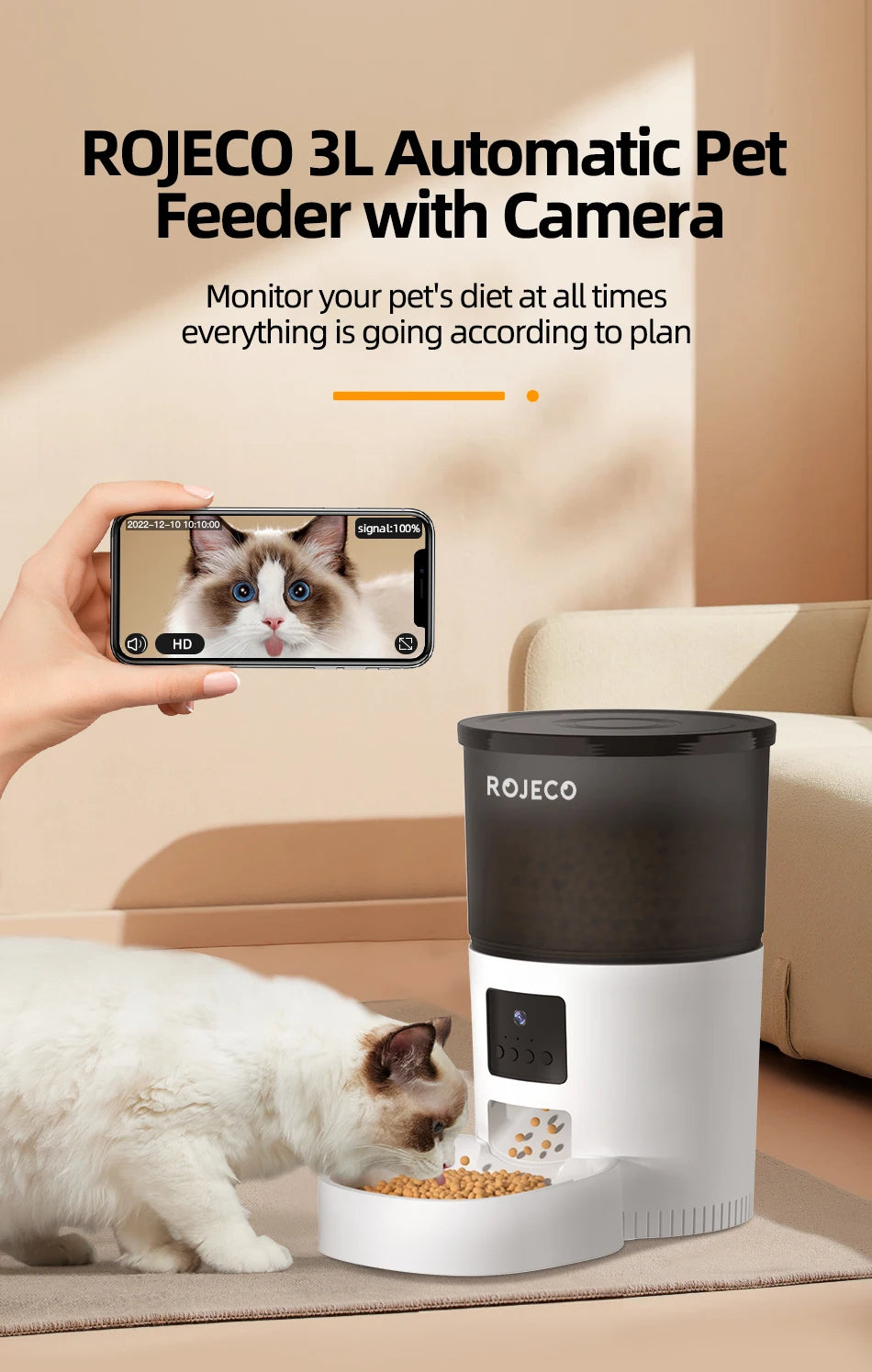 ROJECO 3L Automatic Pet Feeder With Remote Control - Smarsty