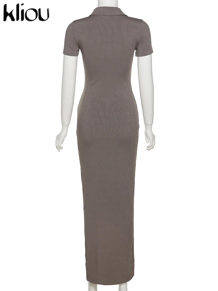 Kliou Elegant Office Lady Maxi Dress Women Solid Fashion Turn-down Collar Short Sleeve Button Side Slit Body-Shaping Street Robe - Smarsty