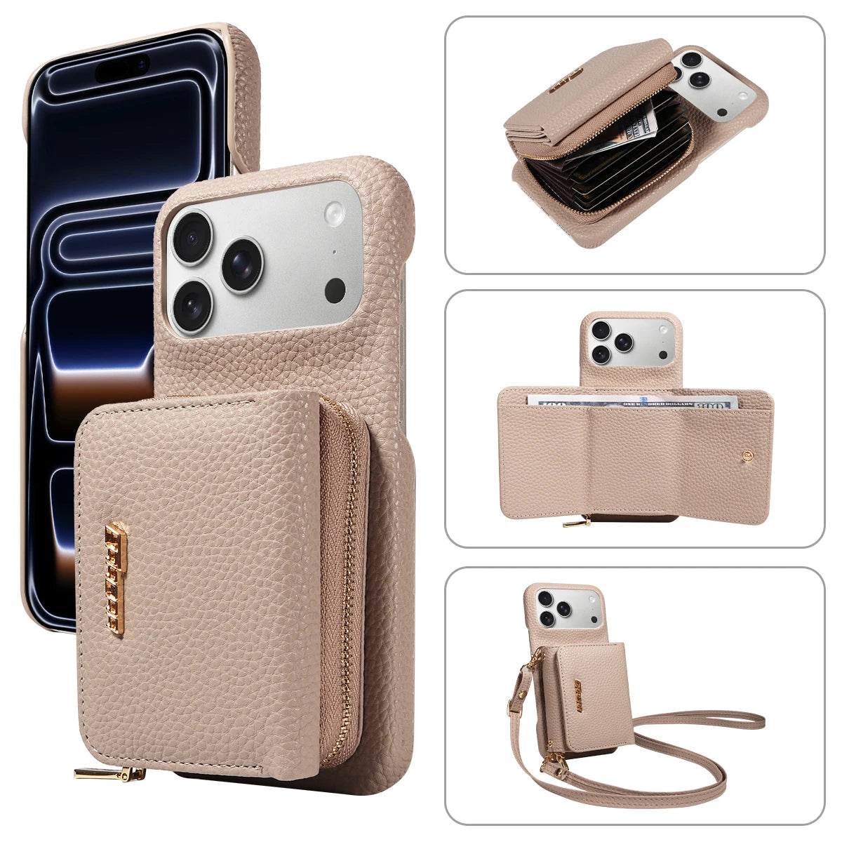 Crossbody PU Leather Phone Case for IPhone17 16 15 14 13 12 11pro Max Plus Mini Air 16e with Stand & Card Slots Wallet Cover