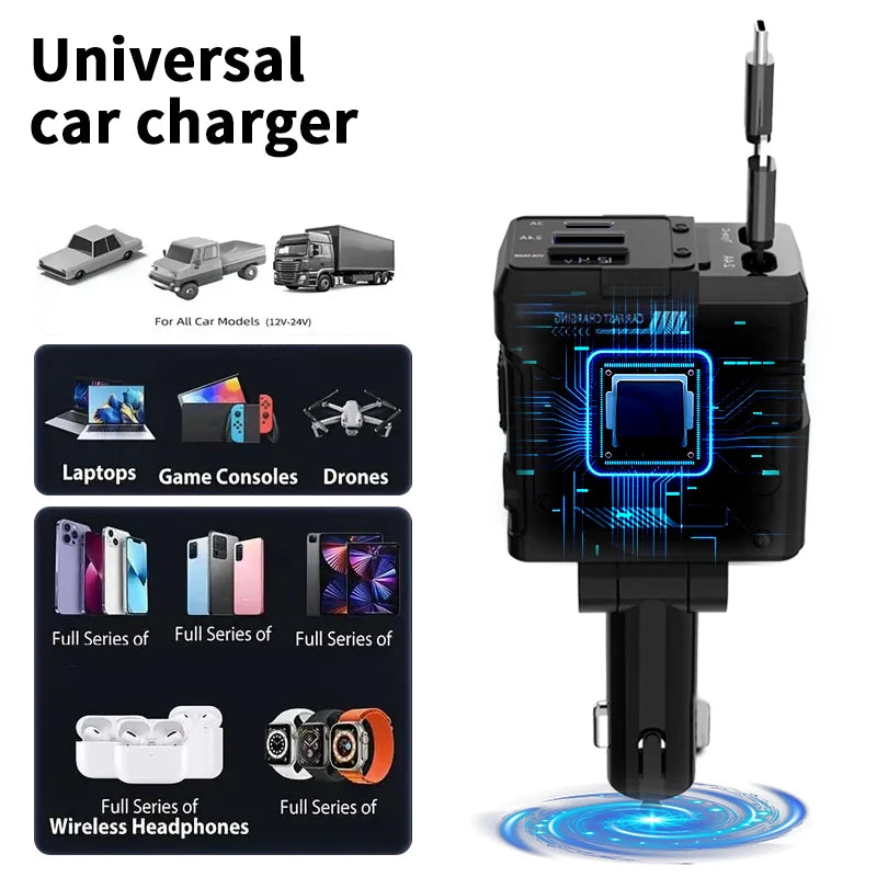 The new 120w4-in-1 retractable car fast charger, adapter, USB is suitable for all models of Apple, Samsung, Huawei, and Android