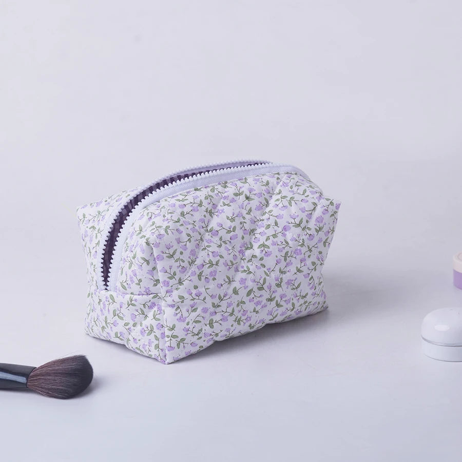 Storage Organizer Floral Puffy Quilted Makeup Bag Flower Printed Cosmetic Pouch Large Travel Cosmetic Bag Makeup Accessory - Smarsty