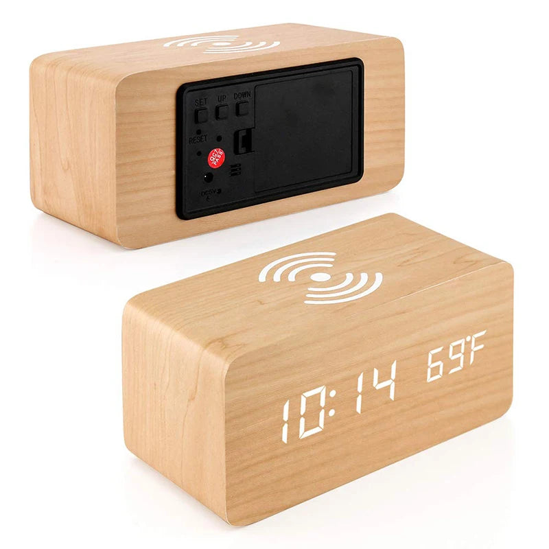 Wooden Digital Alarm Clock with Wireless Charging Feature - Smarsty