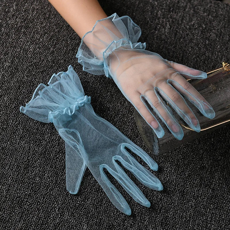 Women Lace Tulle Gloves Stretchy Full Finger Wedding Gloves - Smarsty