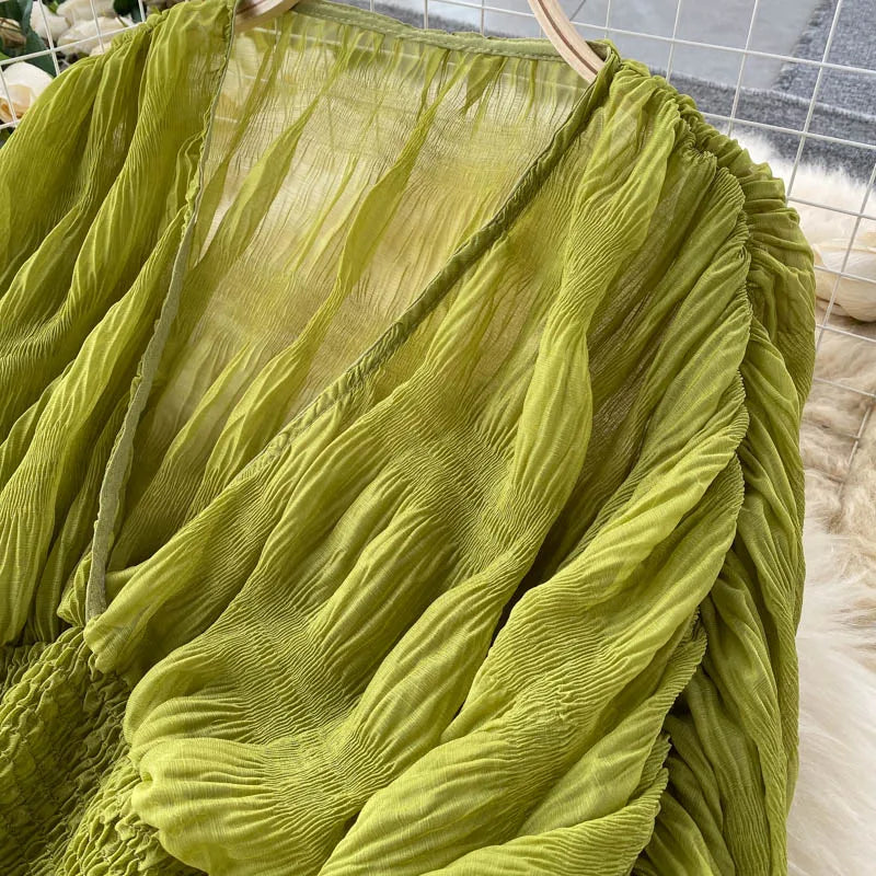 Women Sexy Chiffon Short Blouse Female See Through Super Long Sleeve Blusas Purple/Green/Black/White Folds Party Tops 2022 New - Smarsty