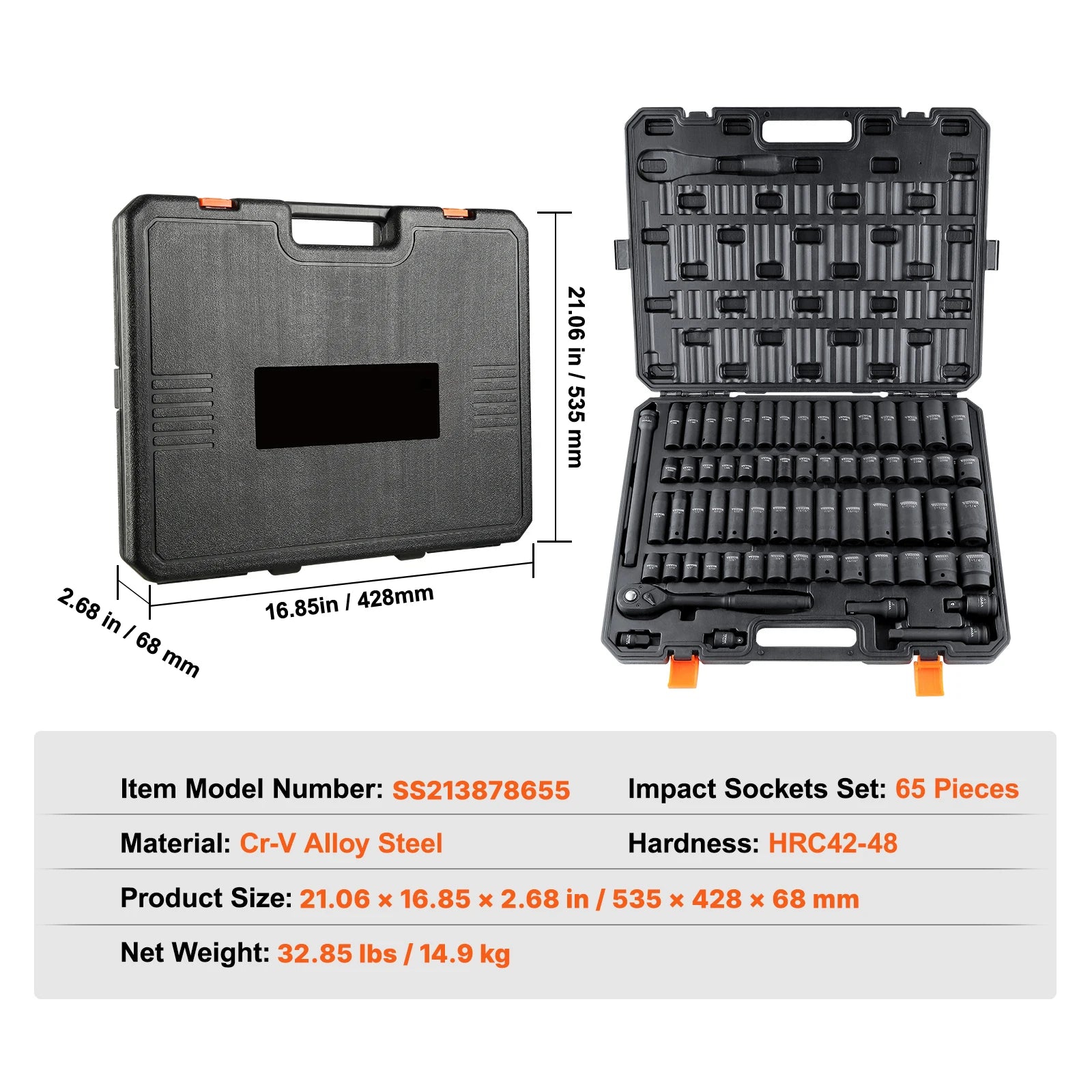 SucceBuy 1/2" Drive Impact Socket Set 6 Point Cr-V Alloy Steel for Auto Repair Easy-to-Read Size Markings Rugged Construction