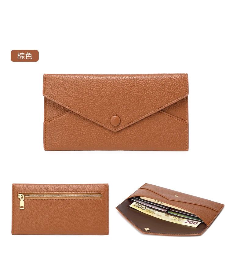 RFID Anti-Theft Purse for Women, Lychee Print, Soft Leather, Envelope Long Wallet, Ultra-thin, Portable, Simple Hand Bag