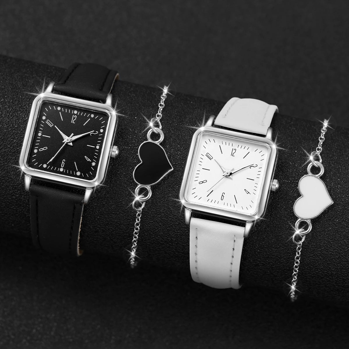2/4PCS Fashion Square Women's Watch Leather Band Quartz Watches Heart Bracelet Set(Without Box) - Smarsty