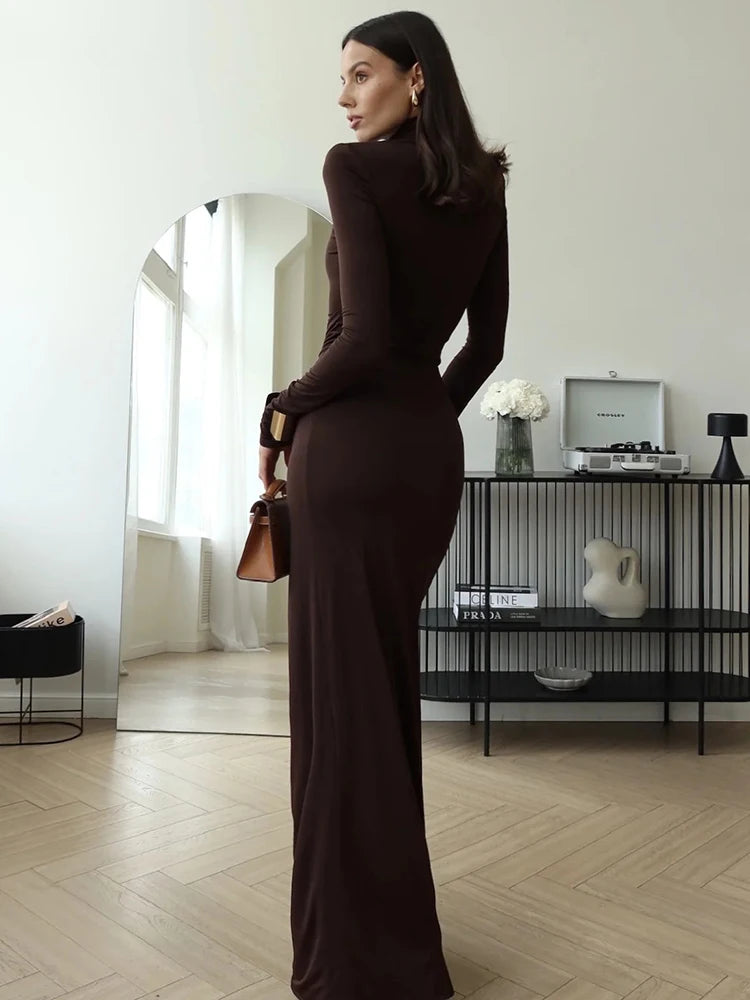 Mozision Turtleneck Thigh High Split Sexy Maxi Dress For Women Fashion Long Sleeve Draped Bandage Bodycon Club Long Dress - Smarsty